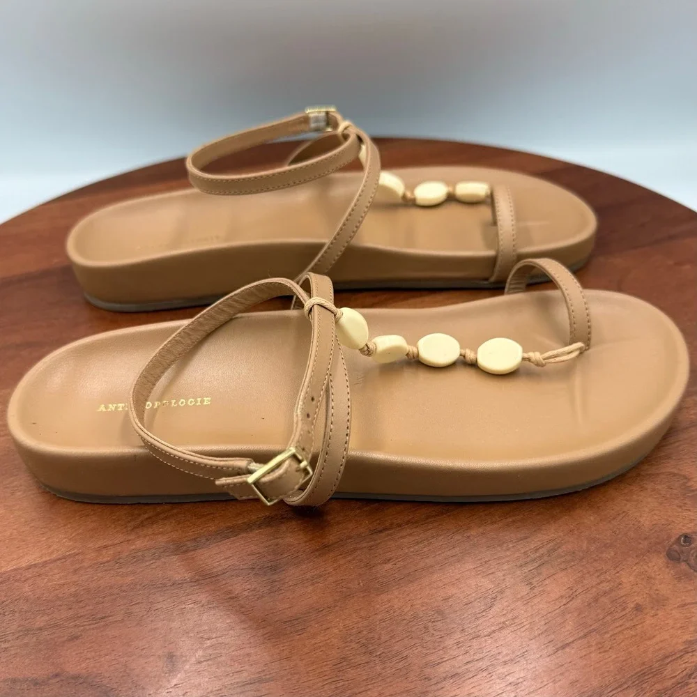 Anthropologie‎ Toe Loop Shell Sandals Tan Leather Ankle Strap Thongs Coastal W 7